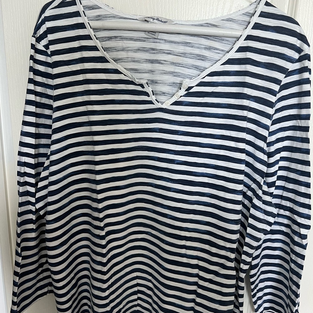 Tommy Bahama Navy and White Striped Long Sleeve Top